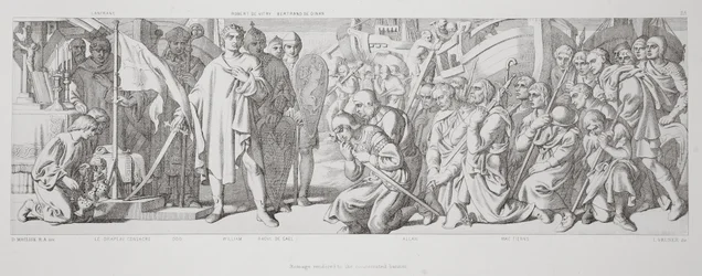 Pocta vzdaná zasvěcenému praporu, z „Příběhu o dobytí Normanů“, vyryl L. Gruner, 1866