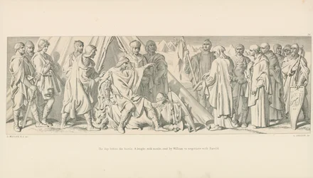 Den před bitvou. Rytíř s mnichy, kterého poslal William vyjednávat s Haroldem