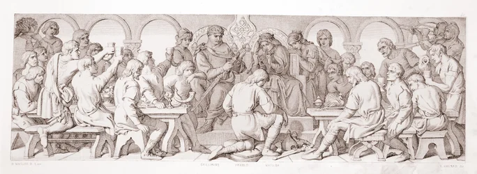 Vilém uděluje Haroldovi hodnost normanského rytíře, z knihy "The Story of the Norman Conquest", vyryl L. Gruner, 1866.