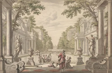 Pohled na palácovou zahradu s centrálním rybníkem obklopeným klasickou architekturou ..., kolem 1700-1720