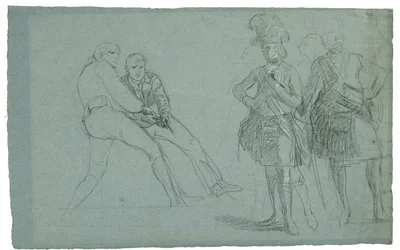 Studie k obléhání Gibraltaru (Studie podplukovníka Lindsaye a postavy táhnoucí za provaz), c. 1786-1787 (graftie a černobílá křída na šedomodrém papíře)