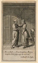 Otec nebo opatrovník mluví s dívkou, ilustrace hry „Ne více než sachs Schuesseln“ od Fredricha Wilhelma Grossmana v „Königl: Grosbrit [anian] genealogický kalendář na rok 1782 Lauenberg od J. G. Berenberga“