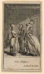 Starší žena plísní dívku, ilustrace hry „Ne více než sachs Schuesseln“ od Fredricha Wilhelma Grossmana v „Königl: Grosbrit [anian] genealogický kalendář na rok 1782 Lauenberg od J. G. Berenberga“
