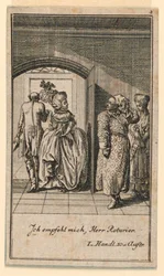 Starší pár povýšeně končí návštěvu, ilustrace hry „Ne více než sachs Schuesseln“ od Fredricha Wilhelma Grossmana v „Königl: Grosbrit [nische] genealogický kalendář na rok 1782 v Lauenbergu od J. G. Berenberga“