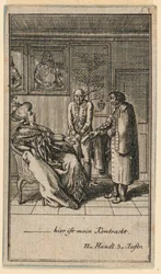 Starší žena si najímá muže, ilustrace hry „Ne více než sachs Schuesseln“ od Fredricha Wilhelma Grossmana v „Königl: Grosbrit [anian] genealogický kalendář na rok 1782 Lauenberg od J. G. Berenberga“
