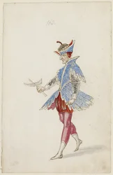 Mužská postava v modročerveném kostýmu z Ballet des quatre saisons de lAnnee, 1626 (hnědý inkoust, wc a metalická barva přes podkresbu černou křídou na položený papír)