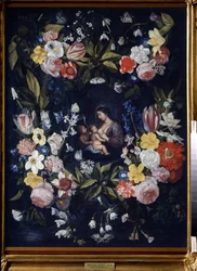 Věnec z květin s Madonnou a dítětem (Floral Wreath with Madonna and Child). Obraz Daniela Segherse (1590-1661). Olej na plátně, 82 x 64 cm. Vlámské umění, barokní umění. Státní muzeum umění, Tula (nebo Tolan).