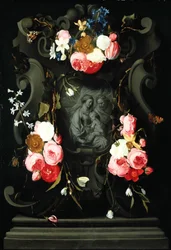 Květinový věnec se Svatou rodinou, 1625-27 (olej na mědi)