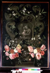 Madonna a dítě, svatá Alžběta a Jan Křtitel jako dítě v květinové girlandě. Obraz Daniela Segherse (1590-1661). Olej na mědi, 84 x 61 cm