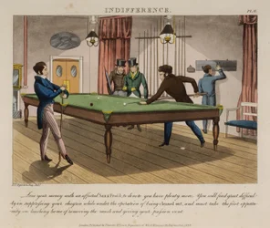 Lhostejnost, deska 6 z „Necessary Qualifications of a Man of Fashion“, vydané Thomasem McLeanem v roce 1823 (barevná akvatinta)
