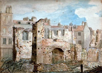 Ruiny požárem poškozené budovy v Bear Yard, Westminster, Londýn, 1809.