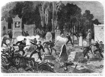 Agónie komuny, poslední boje na hřbitově Pere Lachaise, vyryl Louis Joseph Amedee Daudenarde († 1907), ilustrace z „Le Monde illustre“, 27. května 1871