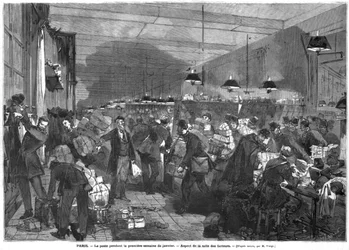 Interiér pařížské pošty během prvního lednového týdne, místnost pošťáků, vyryla Fortune Louis Meaulle (1844-1901)