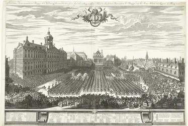 Ozbrojenci na náměstí Dam během amsterdamského veletrhu, 1686 Amsterdam Fair ukazuje Burgery in the Weapons, sig Prezentace aaen de Groot Agtb: Heeren Burgermeesteren (název na objektu) Foire d