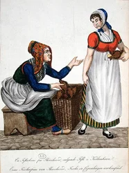 Rybářka ze Skovshovedu prodává ryby v Kodani, počátek 19. století (barevná litografie)