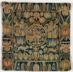 Gobelínový povlak na polštář zobrazující Samsona zabíjejícího lva, vyrobený v Šlesvicku-Holštýnsku, Dánsko, kolem roku 1615 (vlna)