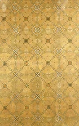 Stropní panel s opakujícím se abstraktním listovým vzorem v olivově zelené, okrové, červené a žluté, kolem roku 1893