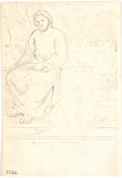 Starý muž sedící vedle mohutného kmene, biblická postava?