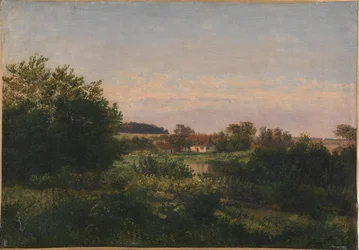Krajina s chatou u rybníka