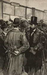 Bankovní přepážky během skandálu Roman Bank (Banca Romana), Řím, Itálie, rytina po kresbě Dante Paolocci, z L