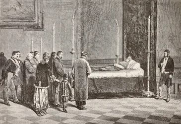 Tělo kardinála Giacoma Antonelliho ležící ve stavu v jedné z místností ve Vatikánu, rytina z kresby Dante Paolocci z L