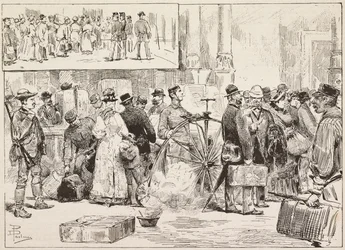 Fumigace proti choleře na stanici, učeň na velocipedu, Řím, Itálie, rytina z kresby Dante Paolocci, z L