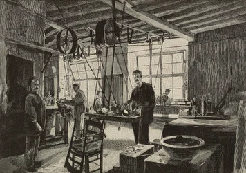 Mechanická dílna v mincovně v Římě, Itálie, rytina podle kresby Dante Paolocci, z L