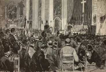 Obsequies for dead v Dogali v kostele Sant Andrea della Valle, Řím, rytina z kresby Dante Paolocci, z L