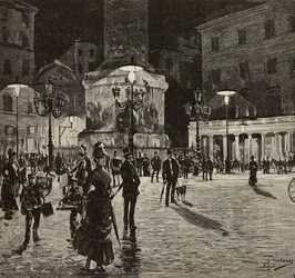 Piazza Colonna osvětlená elektrickým světlem, Řím, Itálie, kresba Dante Paolocci, rytina z L