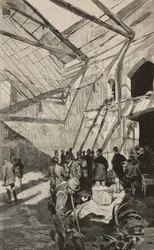 Pozůstatky izraelského divadla po požáru 1893, Řím, Itálie, rytina podle kresby Dante Paolocci, z L