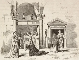 Kabinet nejvyššího pontifika v paláci, Postumia prosící Fabio Massimo, Rome Vaincue od Alexandra Parodiho, dějství V, rytina Dante Paolocci ze skic od Zandomenica z L