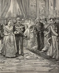 Umberto I a Margherita Savojská na koncertě u příležitosti jejich stříbrné svatby, Palazzo del Quirinale, Řím, Itálie, rytina podle kresby Dante Paolocci, z L