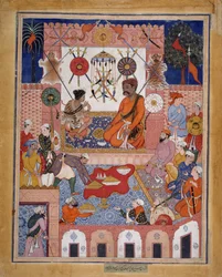 Misbah the Grocer přináší Spy Parran do svého domu, Folio z Hamzanama..., ca. 1570.