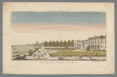Pohled na Somerset House z břehu Temže s Londýnem v pozadí Le Palais Royal de Somerset / Vue du Palais Royal Somerset du côté de la Thamise (název na objektu)
