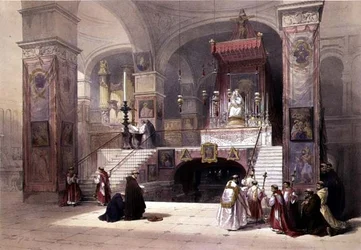 Kaple Zvěstování, Nazaret, 28. dubna 1839, deska 32 ze svazku I knihy "Svatá země", vyryl Louis Haghe (1806-85), vyd. 1842 (litografie)