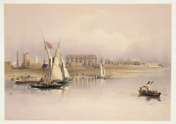Egypt, ruiny Luxoru od řeky Nil, rytina podle kresby Davida Robertse