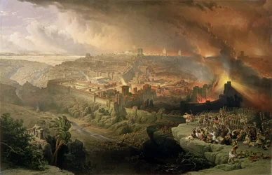Zničení Jeruzaléma roku 70 n. l., rytina Louise Hagheho (1806-85)