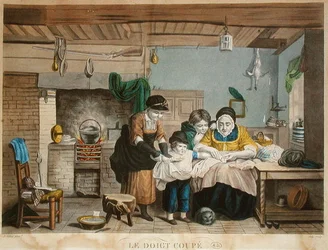 The Cut Finger, vyrytý Joly, kolem 1830-40 (barevná rytina)