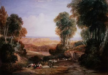 Spojení řeky Severn a řeky Wye s hradem Chepstow v dálce (akvarel na papíře)
