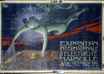 Plakát „Mezinárodní výstava elektřiny, Marseille, duben-říjen 1908“