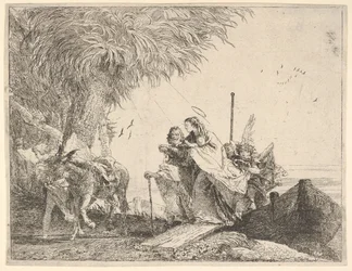 Marie, s pomocí Josefa a anděla, vystoupila z lodi na břeh, anděl stojí ..., 1753.