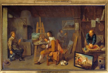 Malířská dílna s pózujícím modelem a bruskou barev. Obraz Davida III. Ryckaerta (1612-1661), Ec. Podvod
