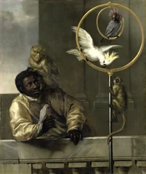Černý muž s papoušky a opicemi, 1670
