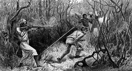 Manyeman väijytys, Keski-Afrikka, kaiverrus David Livingstonen Last Journalsista, kirjoittanut David Livingstone (1813-1873), Lontoo