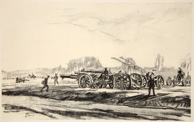 Dělostřelecký lazaret, ilustrace z knihy "The Western Front", vydavatelství Country Life Ltd.