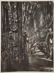 Kotelna na bitevní lodi, ilustrace z knihy "The Western Front", vydavatelství Country Life Ltd.