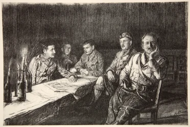 Jídelna důstojníků Gordon Highlander, ilustrace z knihy "The Western Front", vydavatelství Country Life Ltd.