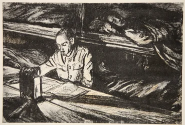 Na nemocniční lodi v noci: Orderly, ilustrace z knihy "The Western Front", vydavatelství Country Life Ltd.