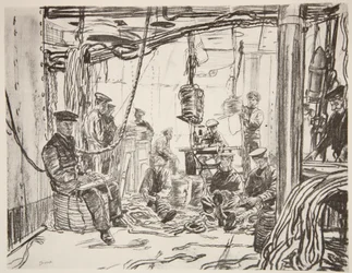 Námořníci na bitevní lodi vyrábějící munici pro armádu, ilustrace z knihy "The Western Front", vyd. Country Life Ltd.
