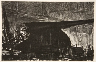 Noční směna při práci na velkém děle, ilustrace z knihy "The Western Front", vydavatelství Country Life Ltd.
